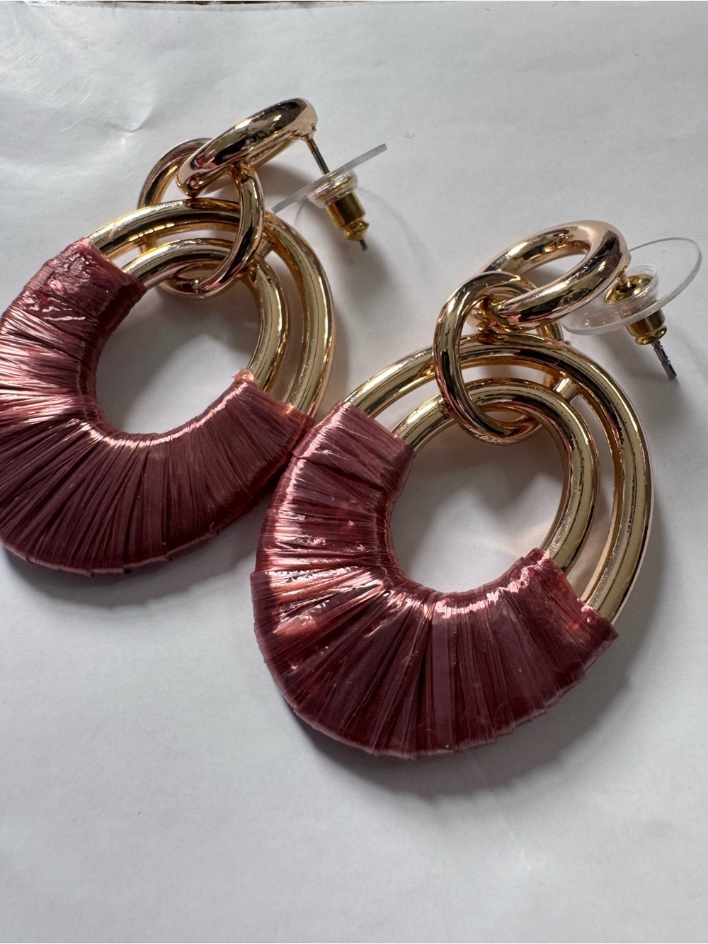 NWOT SUGARFIX Gold Double-Loop Earrings with Dusty Rose/brown Wrapped Detail